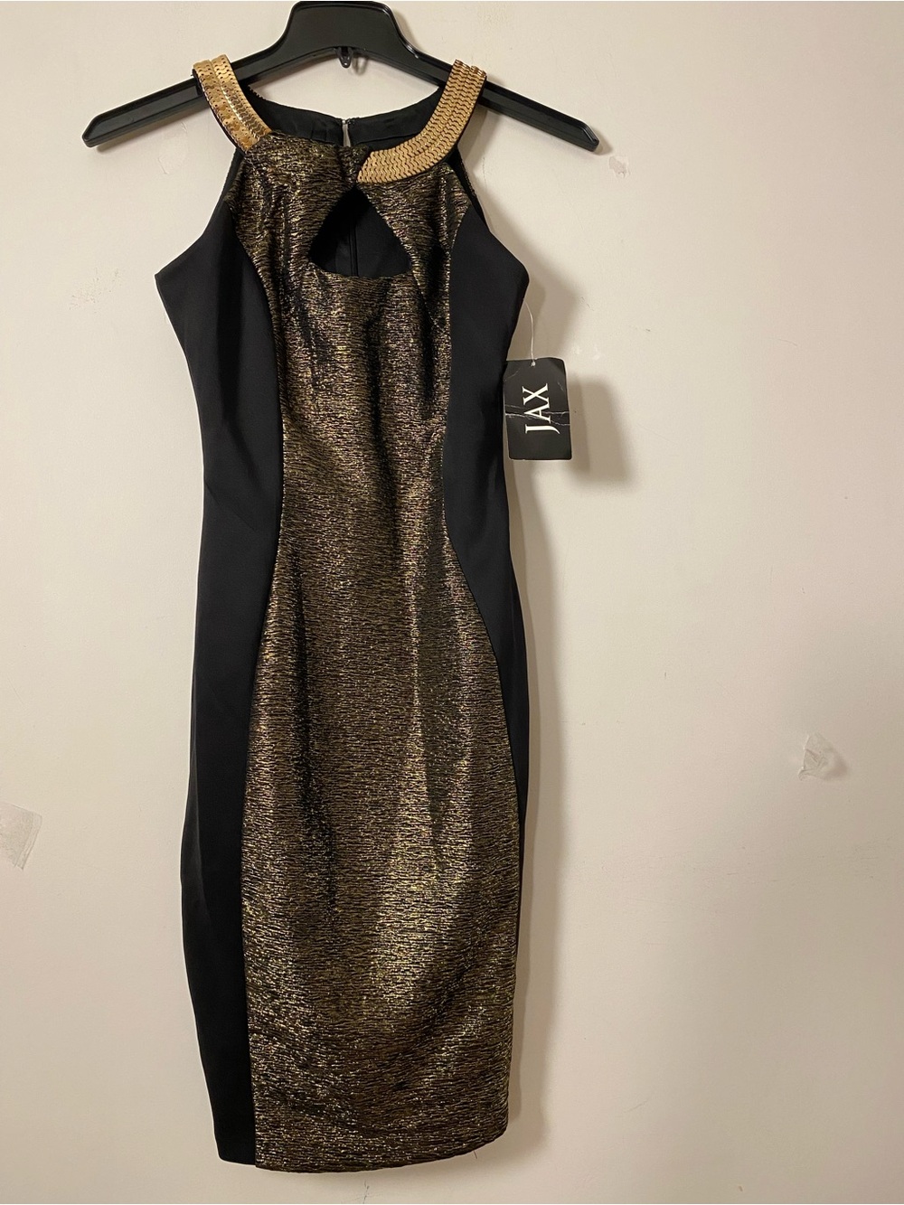 Jax Black and Gold Sleeveless Midi Sheath Dress with Embellished Collar